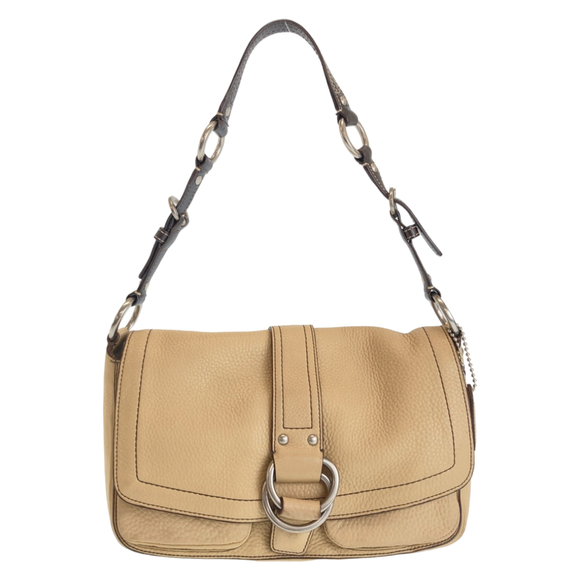 COACH Beige Brown Silver Hardware Leather Shoulder Bag for Women